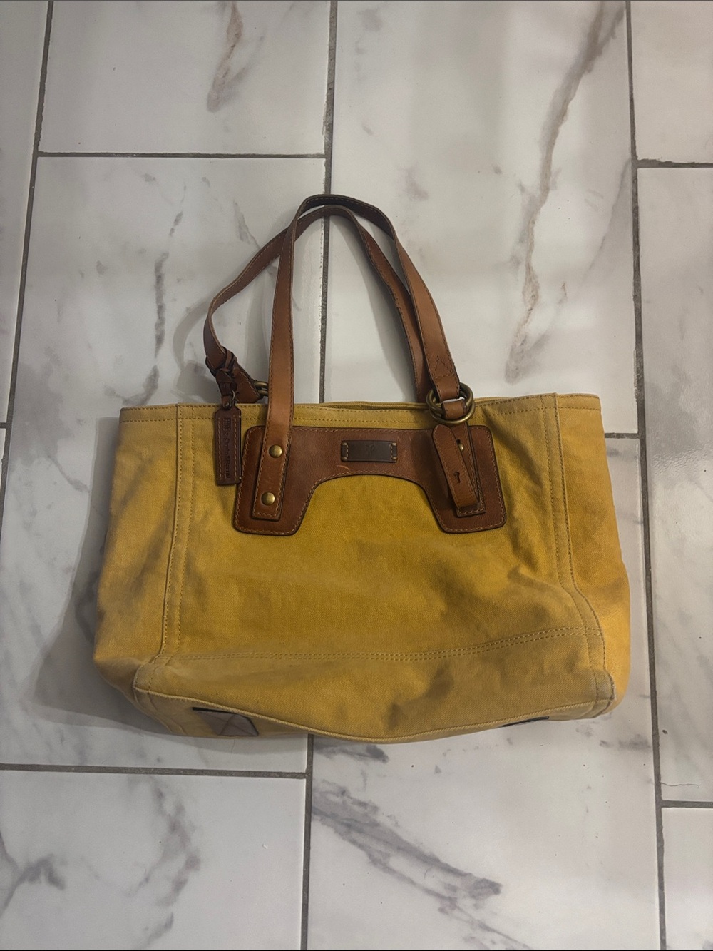 Frye + Crate&Barrel Yellow Canvas Tote with Brown Leather Trim